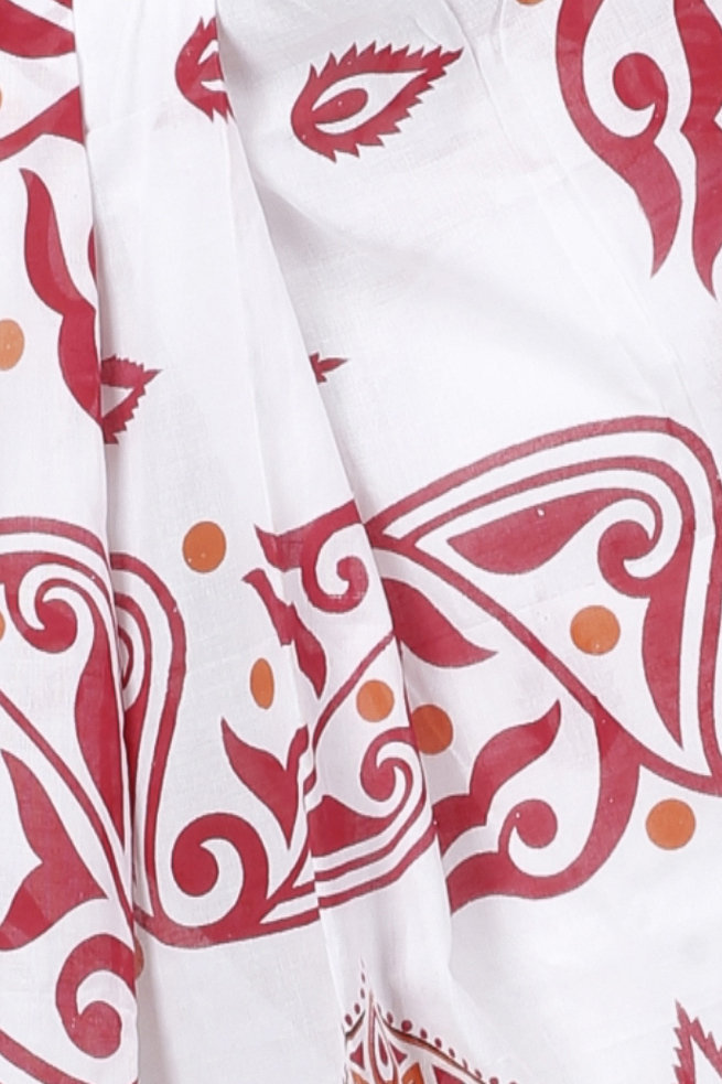 Red White Pure Cotton Teba Printed Handloom Saree (1262)